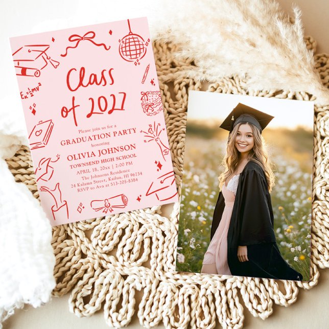 Modern Handritad Klass 2027 Examenfest Inbjudningar (Modern Hand Drawn Class of 2027 Graduation Party Invitation)