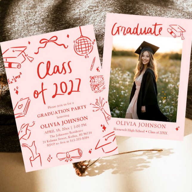 Modern Handritad Klass 2027 Examenfest Inbjudningar (Modern Hand Drawn Class of 2027 Graduation Party Invitation)