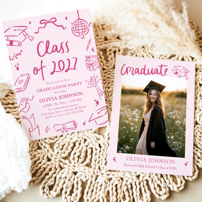 Modern Handritad Klass 2027 Examenstårtfest Inbjudningar (Modern Hand Drawn Class of 2027 Graduation Party Invitation)
