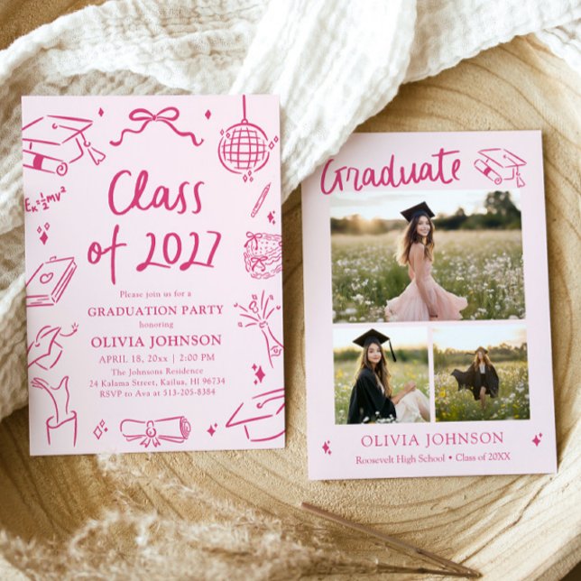 Modern Handritad Klass 2027 Examenstårtfest Inbjudningar (Modern Hand Drawn Class of 2027 Graduation Party Invitation)