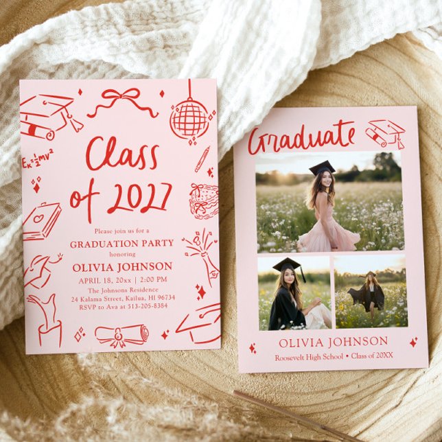 Modern Handritad Klass 2027 Examenstårtfest Inbjudningar (Modern Hand Drawn Class of 2027 Graduation Party Invitation)