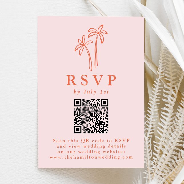 Modern Handritad Palmträd Rosa QR-kod Bröllop OSA Kort (Skapare uppladdad)