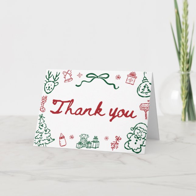 Modern Handritad Röd Grön Vinter Jul Tack Kort (Framsida)