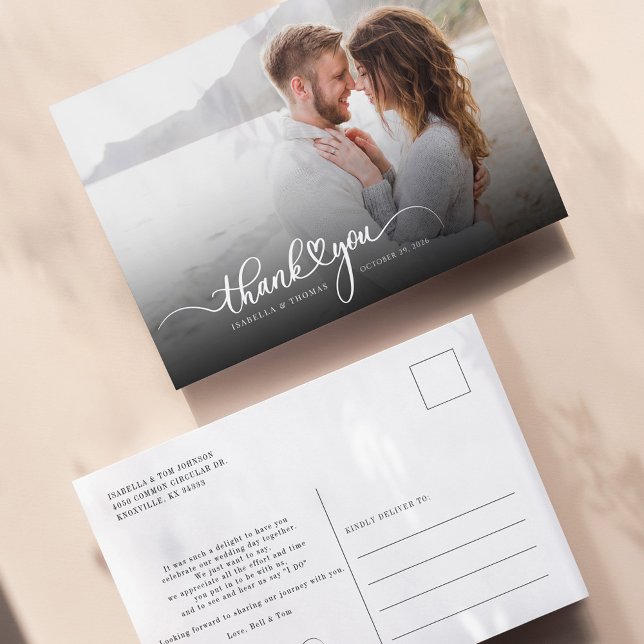 Modern handritad script Foto Tack Vykort (Wedding Couples Photo Thanks You Script Postcard)