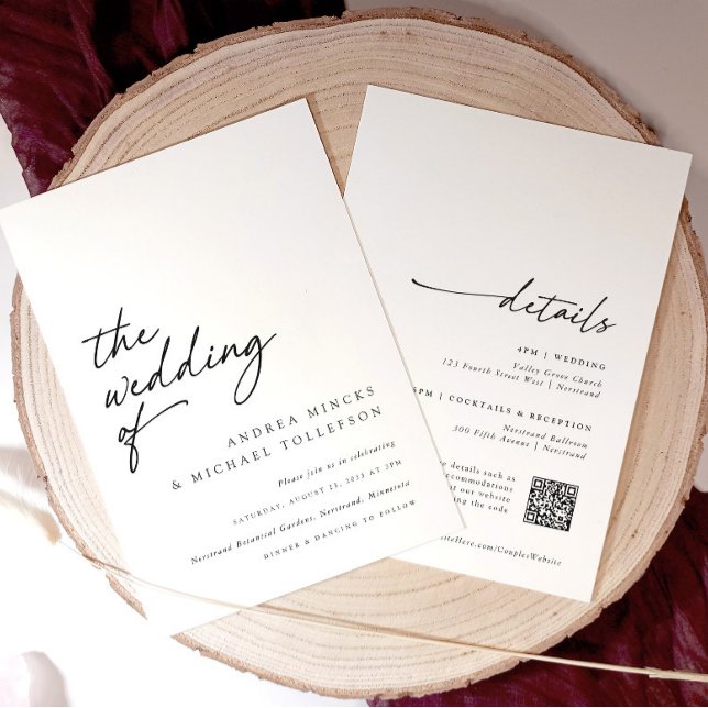 Modern handskriftsformat Elegant allt i ett Bröllo Inbjudningar (A black-and-white wedding invitation with a modern, handwritten script on the front.)