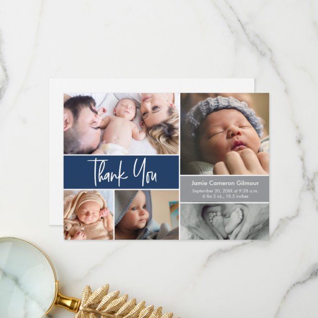 Modern handskriftsformat Foton Blue Baby Shower Tack Kort (Fram/Back In Situ)