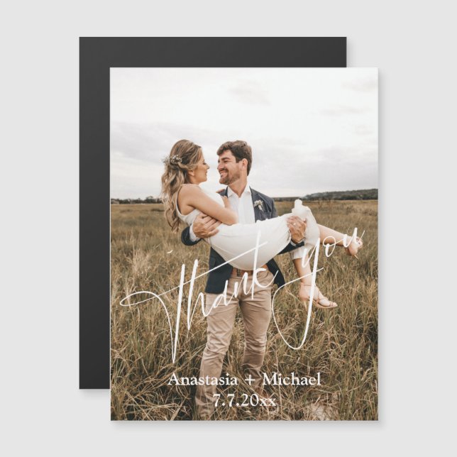 Modern handskriftstack för fotot av bröllop magnet (Fram/baksida)