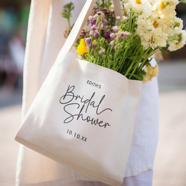 Modern handskriven bröllopsdusch tygkasse (BRIDAL SHOWER TYPOGRAPHY BAG WITH ELEGANT SCRIPT AND MONOGRAM)