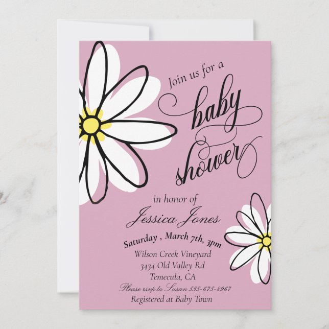 Modern handskriven Daisy Doodle Baby Shower Inbjudningar (Framsida)