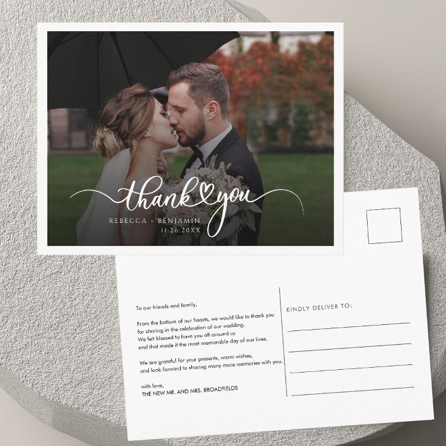 Modern Handskriven Foto Bröllop Tack Vykort (Modern Handwritten Photo Wedding Thank You Postcard)