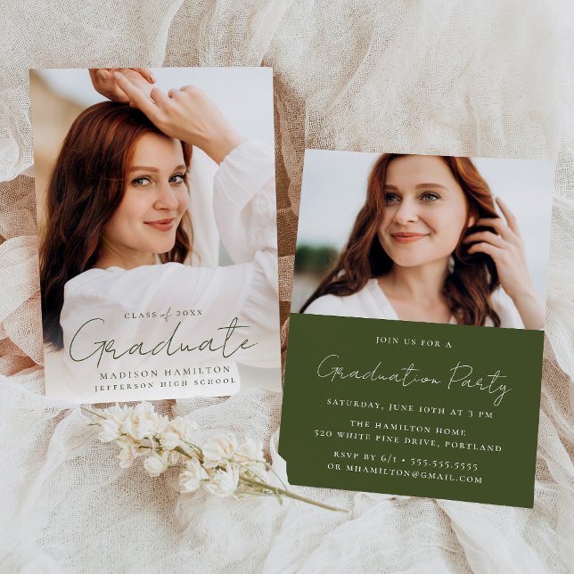 Modern handskriven Grönt Script 2 Photo Studenten Inbjudningar (Skapare uppladdad)