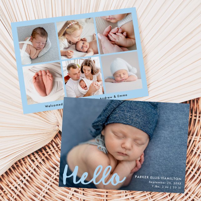 Modern handskriven Hej Blue Photo Collage Birth Meddelande (Skapare uppladdad)