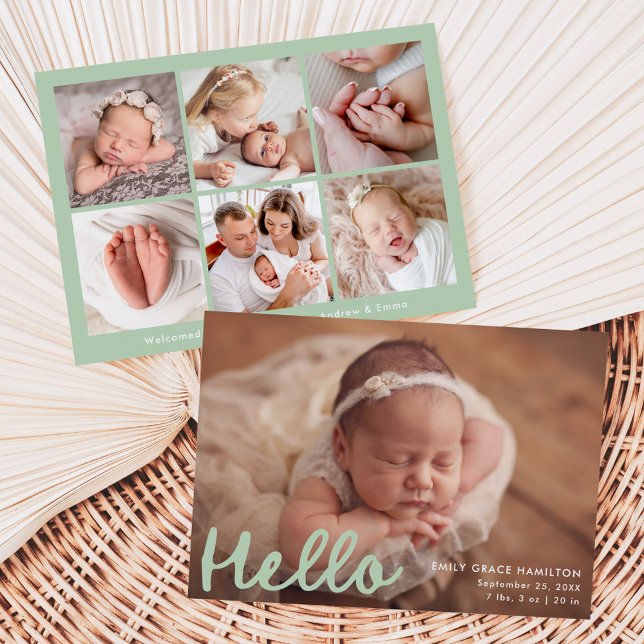 Modern handskriven Hej Mint Photo Collage Birth Meddelande (Skapare uppladdad)