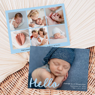 Modern Handskriven Hello Blå Foto Collage Födelse Meddelande