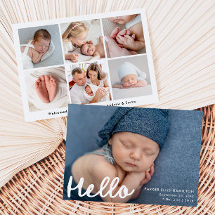Modern Handskriven Hello Foto Collage Födelse Meddelande