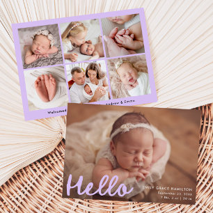 Modern Handskriven Hello Lavendel Foto Födelse Meddelande