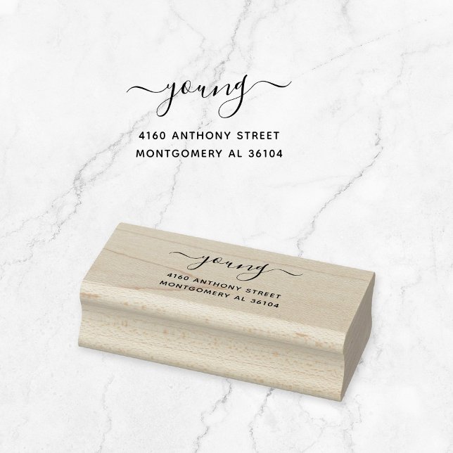 Modern handskriven Namn & Returadress 08a. Stämpel (Modern, script calligraphy with swashes wooden return address stamp. Basic typography address stamp.)