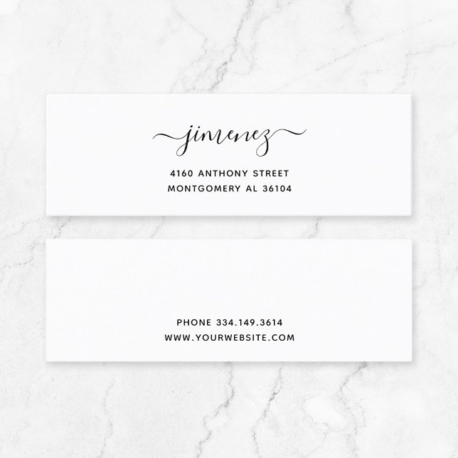 Modern handskriven Namn & Returadress 08c. Mini Visitkort (Small Business Essential - Quiet Luxury Modern Calligraphy Mini Business Card in Black and White.)