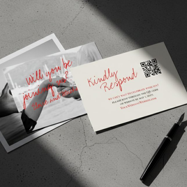Modern handskriven Photo Bröllop-svarskort OSA Kort (Modern Red Script Photo Wedding RSVP)