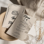Modern handskriven ritad Retro Quirky Bröllop Meny<br><div class="desc">En vintage återställer funky, modern middagsmeny för svart och kräm i bröllop. Med chic är det mallutformat för grå, mjölkaktig bakgrund och svarthandsskriven typografi. Med Hand plockade vin och champagneglasögon på framsidan. Och Hand plockade-kakan på baksidan i en viskartad gräns i hand plockade ram. En Perfekt och matchning med hela...</div>