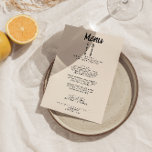Modern handskriven ritad Retro Quirky Bröllop Meny<br><div class="desc">En färglös funky,  modern svartvit bröllop-middagsmeny. Med chic är det mallutformat för grå,  mjölkaktig bakgrund och svarthandsskriven typografi. Med Hand plockade knivar och en gaffel. En Perfekt och matchning med hela sviten.</div>