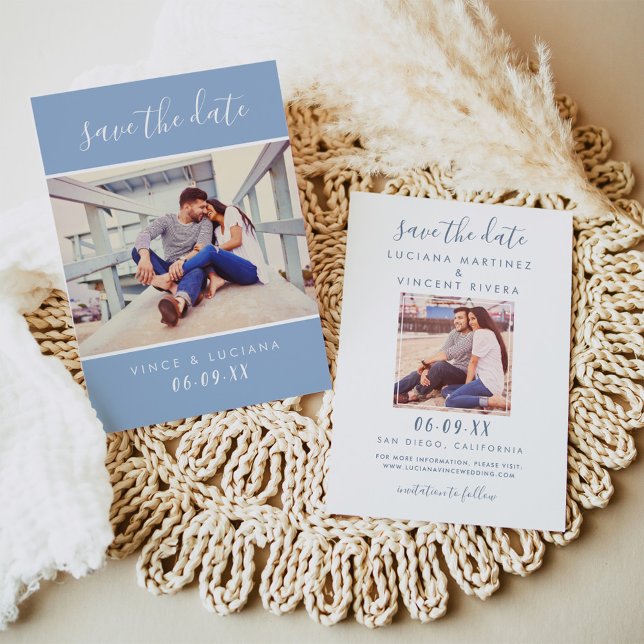 Modern handskriven skript Cloud Blue Bröllop Photo Spara Datumet (Skapare uppladdad)