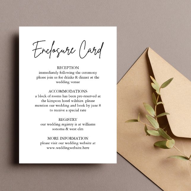 Modern handskriven tilläggskort för bröllop inbjudningar (Modern handwritten script enclosure card shares wedding details with a sleek, elegant touch.)