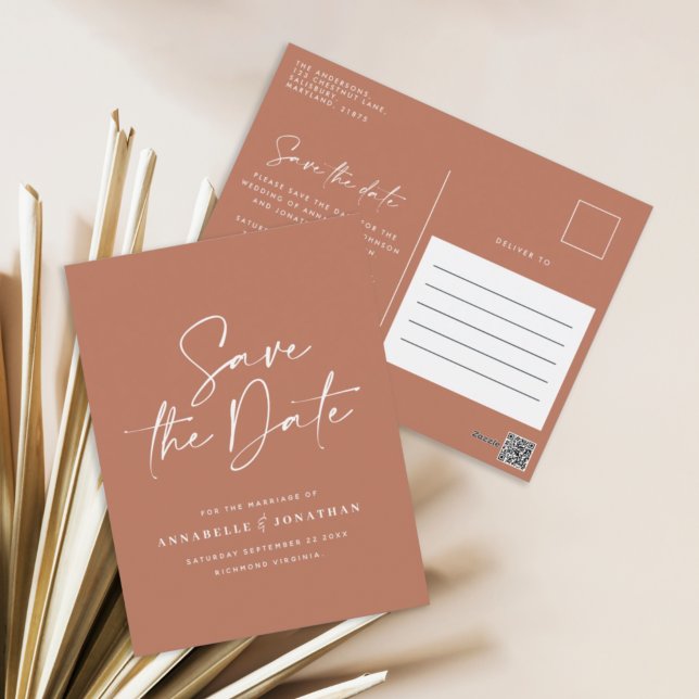 Modern handskriven typografi bröllop terracotta vykort (Skapare uppladdad)