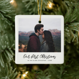 Modern handskriven vår första julbild julgransprydnad keramik