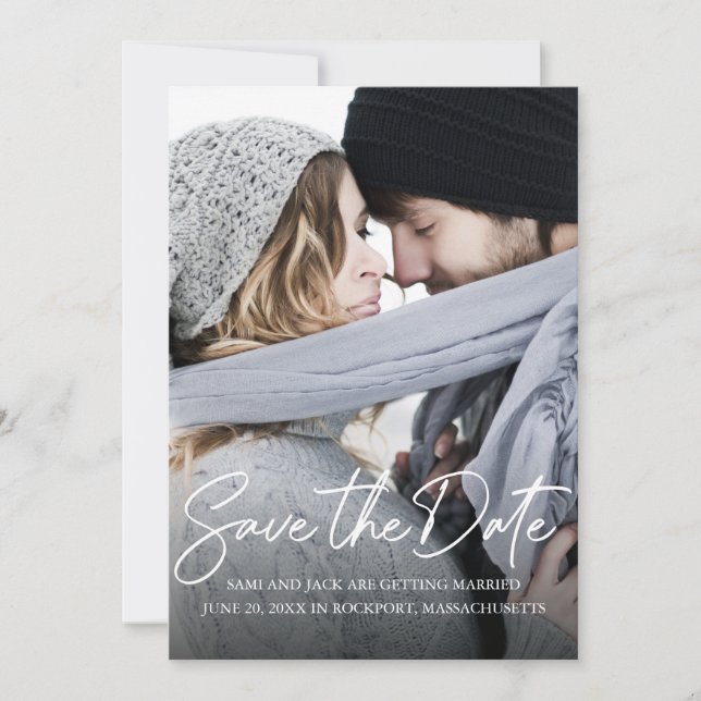 Modern handskriven vit kallgrafifoto spara datumet (Framsida)