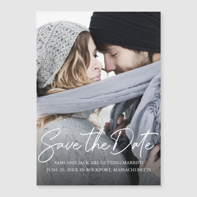 Modern handskriven vit Spara av kallfärgat foto Magnetisk Inbjudningskort (Framsida)