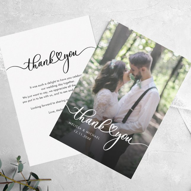 Modern handskrivet foto Bröllop Tack Anteckningskort (Modern Handwritten Photo Wedding Thank You Note Card)