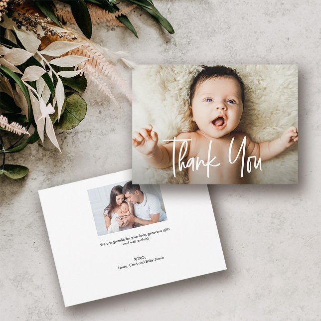 Modern handstil Anpassningsbar 2-foton Babydusch Tack Kort (2 custom baby photos baby shower thank you card.)