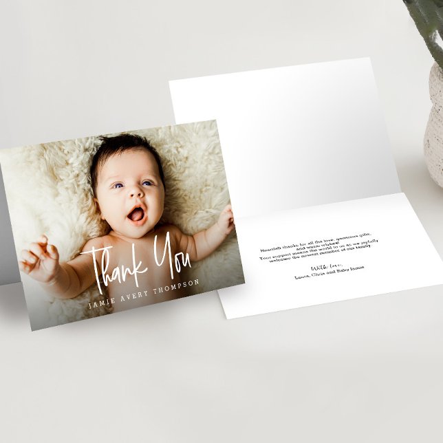Modern handstil - enkelt foto Baby av typ Tack Kort (Customizable baby thank you photo folded cards.)