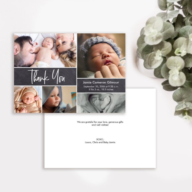 Modern handstil Fotokollage Baby Shower Tack Kort (Skapare uppladdad)