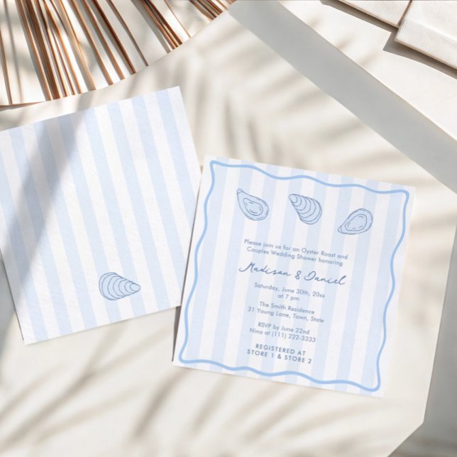 Modern Handwritten Oyster Roast Coed Bridal Shower Inbjudningar (Trendy hand-drawn oyster roast couples wedding shower invitation with modern stripes and wavy border)