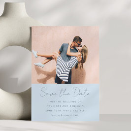 Modern Handwritten Soft Blue Wedding Photo Spara Datumet