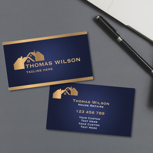 Modern Handyman Carpenter Tak Guld Visitkort (modern carpenter handyman business cards with navy blue background and gold rooftops)