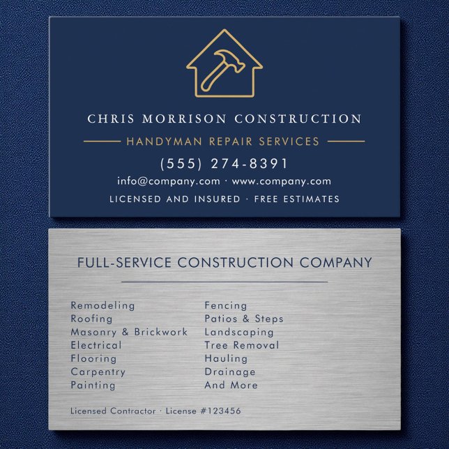Modern Handyman Construction Metal Navy Blue Gold  Visitkort (Skapare uppladdad)