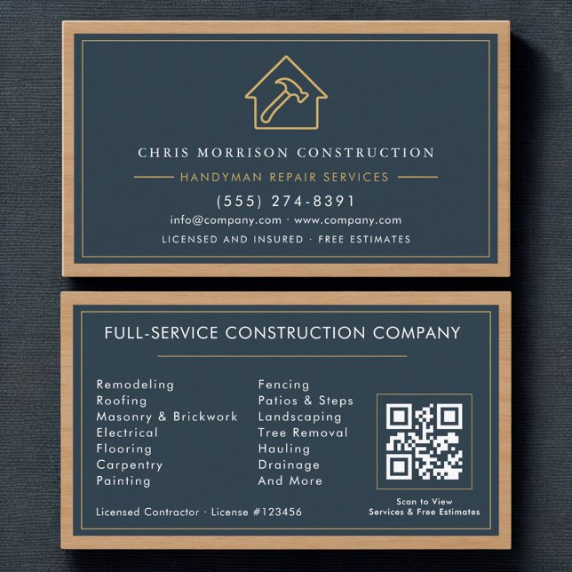 Modern Handyman QR Code Wood Construction  Visitkort (Skapare uppladdad)