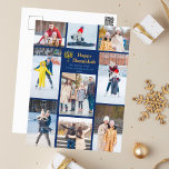 Modern Hanukah Family Photo Collage Blue Guld Helg Vykort<br><div class="desc">Chic anpassade Judiska familjefotosamlingar Hanukkah-vykort med en samling vinterfoton. Lägg till 9 av dina favoritfilmer i Chanukah-minnen i den här moderna 9-fotograflayouten runt ett skript från Menorah och guld. Postkort från lycklig Hanukkah.</div>