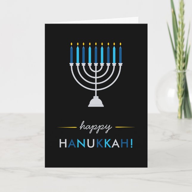Modern Hanukkah Black med Silver Menorah och Blue Helgkort (Framsida)