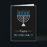 Modern Hanukkah Black med Silver Menorah och Blue Helgkort<br><div class="desc">Det här moderna Hanukkah-kortet i elegant har en silver Menorah med blått ljus och turkoljus och gult guld flammor,  i svart bakgrund.</div>