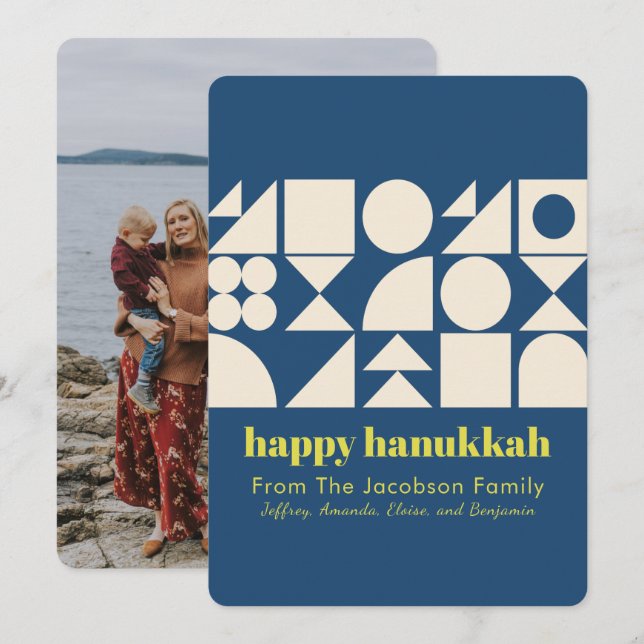 Modern Hanukkah Blue Geometric Back Photo Julkort (Fram/baksida)