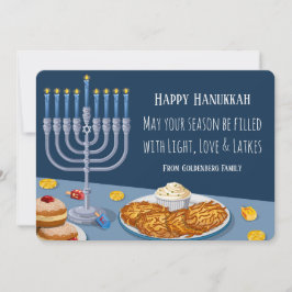 Modern Hanukkah Card: Light, Love & Latkes Menorah Julkort