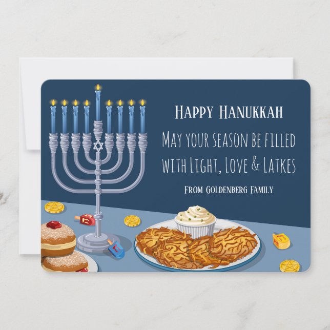 Modern Hanukkah-kort: Ljus, Kärlek & Latkes Menora Julkort (Framsida)