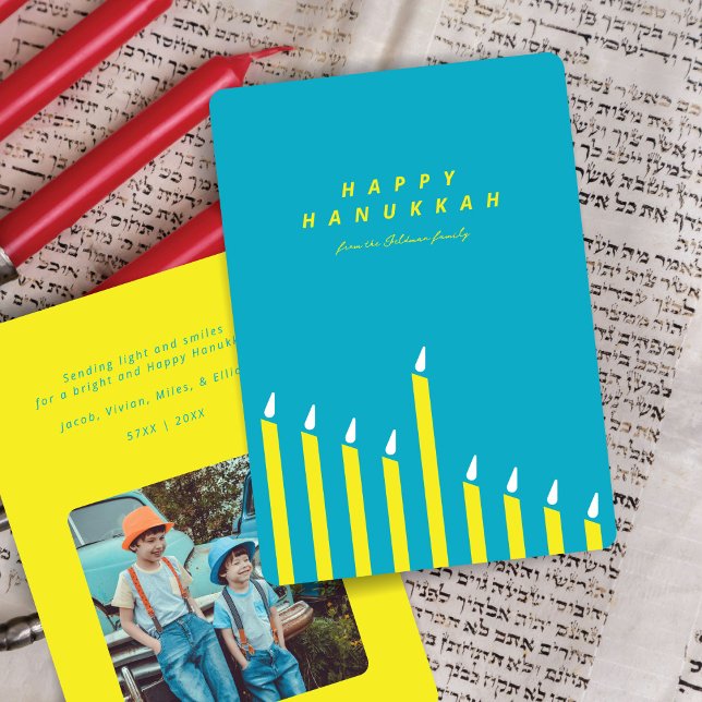 Modern Hanukkah-ljus Teal & Gul Foto  Julkort (Skapare uppladdad)