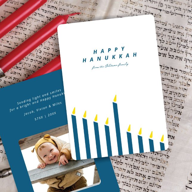 Modern Hanukkah-ljus Vit & Teal Foto  Julkort (Skapare uppladdad)