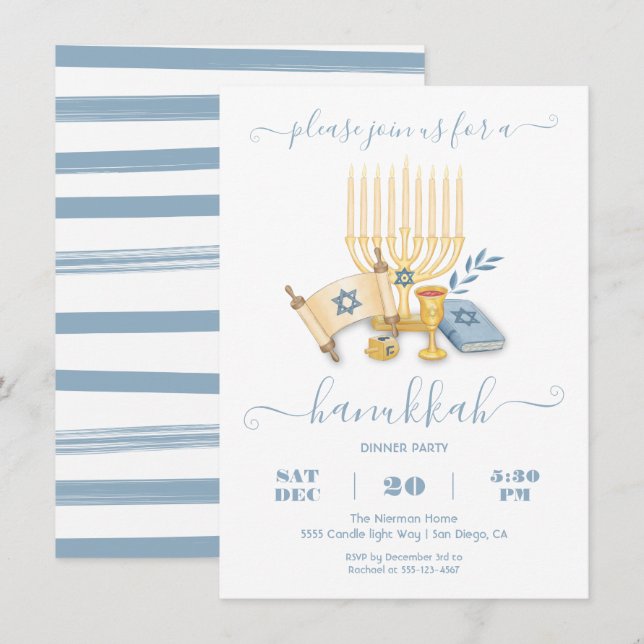 Modern Hanukkah Party watercolor Inbjudningar (Fram/baksida)