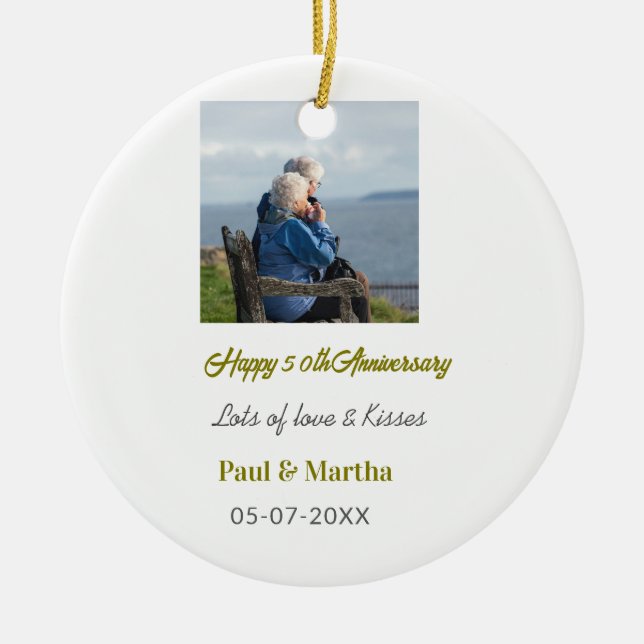 Modern happy 50th anniversary add name date photo  julgransprydnad keramik (Framsidan)